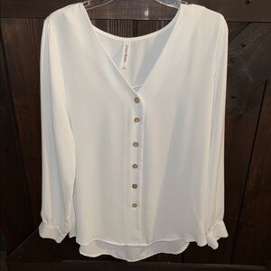 Zenana Outfitters White V-Neck Blouse with Gold Buttons